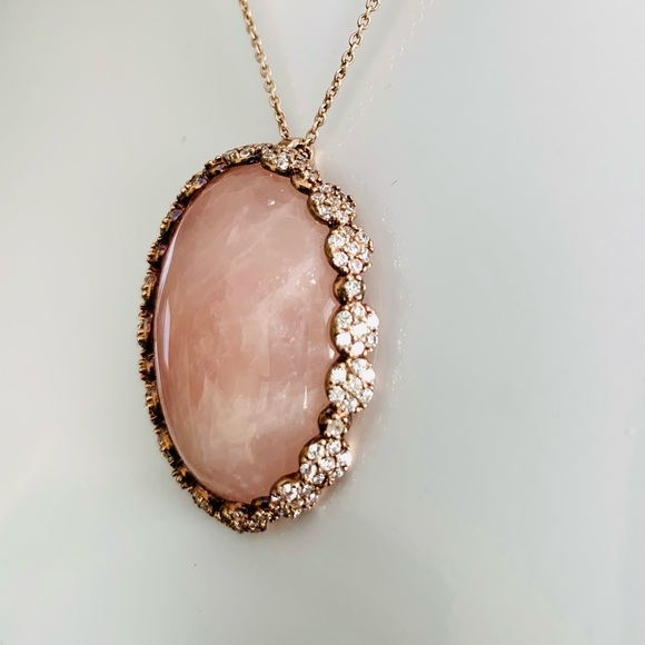 Large oval shaped pink opal pendant in red gold frame red gold chain necklace - Picture 4 of 6